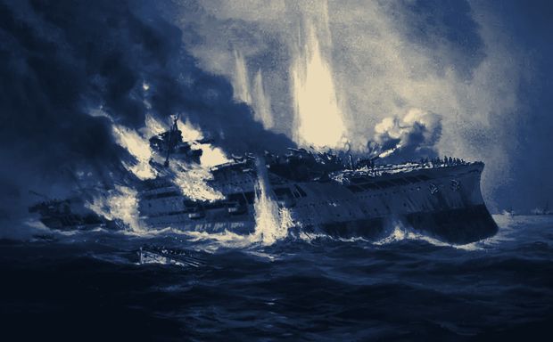 A German wartime painting of Glorious sinking under fire